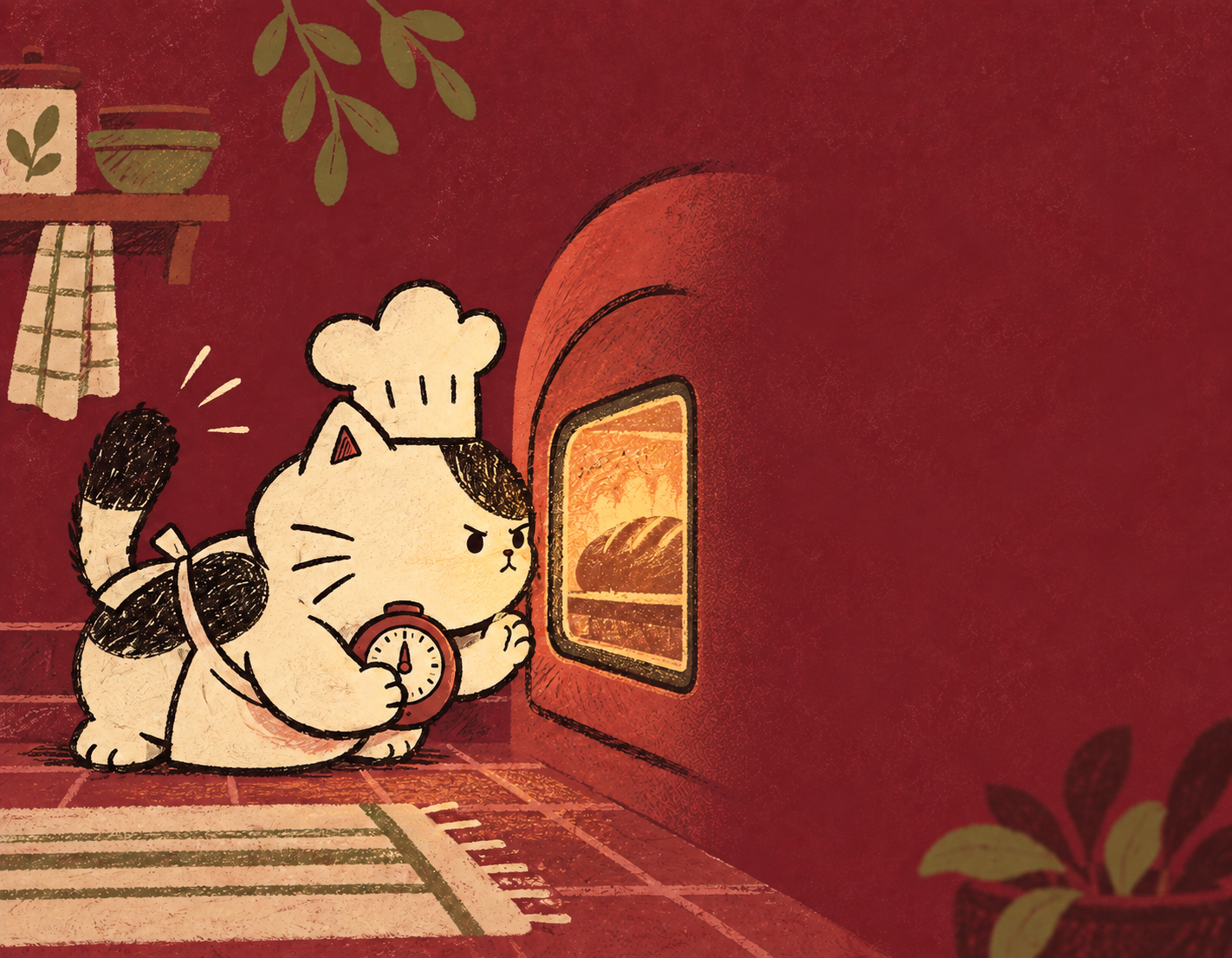 La gatita chef de Ánfora vigila con gesto decidido un pan dentro del horno.