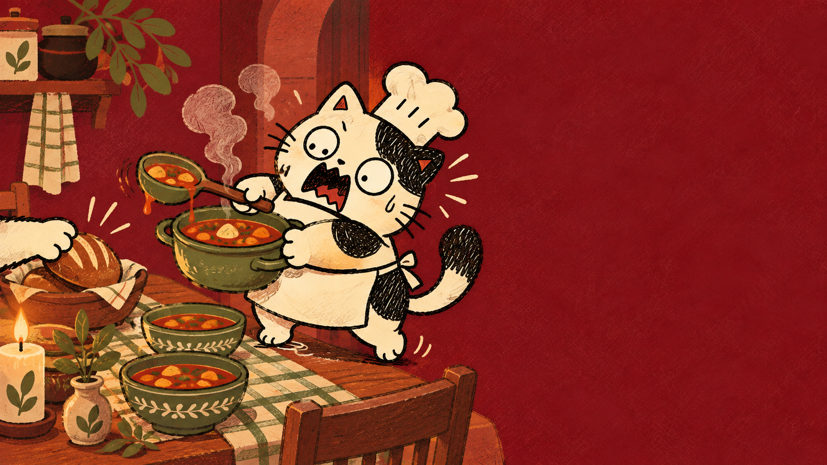 La gatita chef entra en pánico cómico mientras una mano toma pan de la mesa.