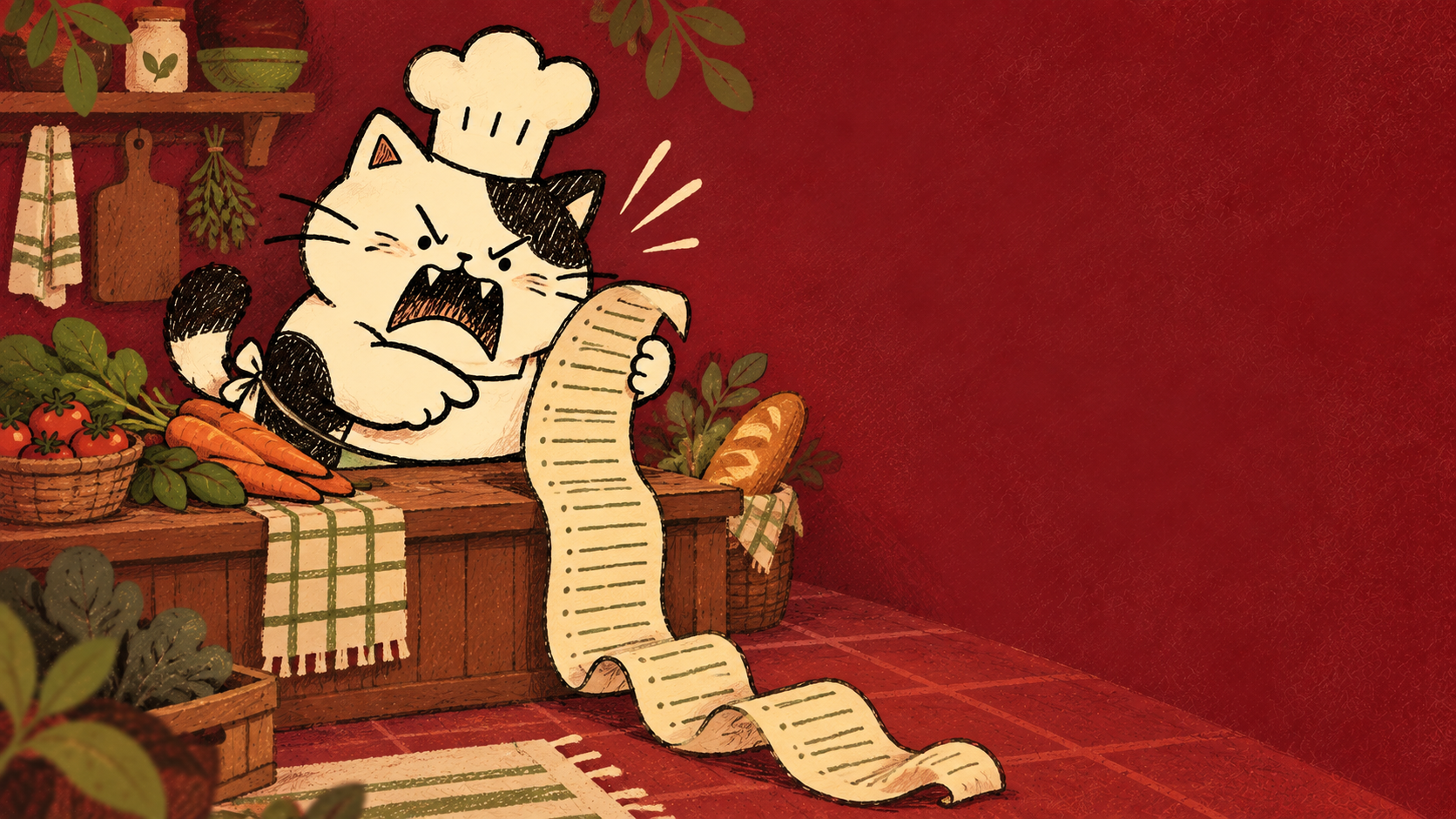 La gatita chef se indigna ante una lista de compras interminable.